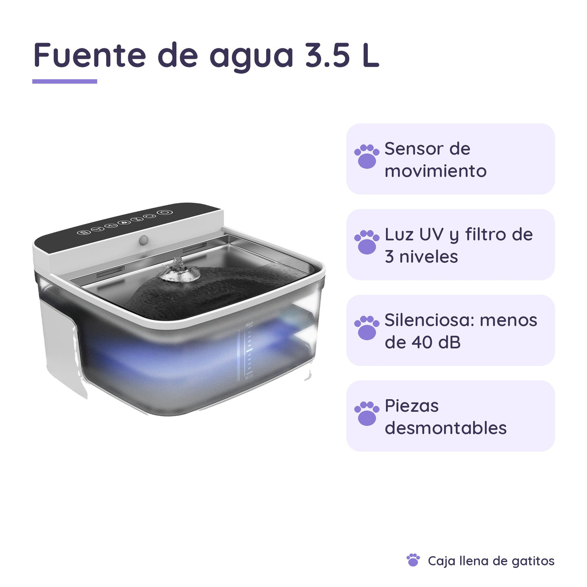 Fuente de Agua para Gatos 3.5 L con Sensor de Movimiento y Luz UV