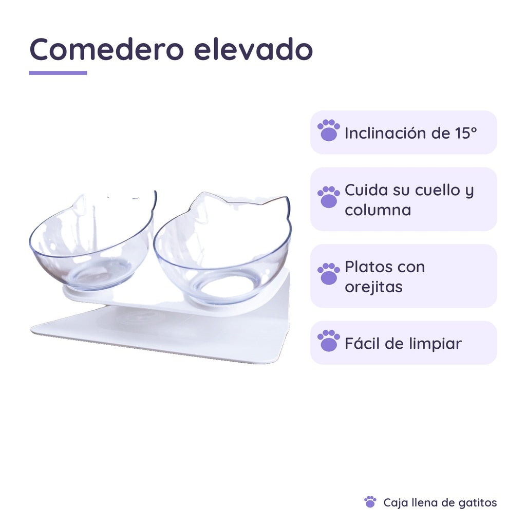 Comedero Elevado para Gatos con Plato Inclinado 15° en Forma de Gatito